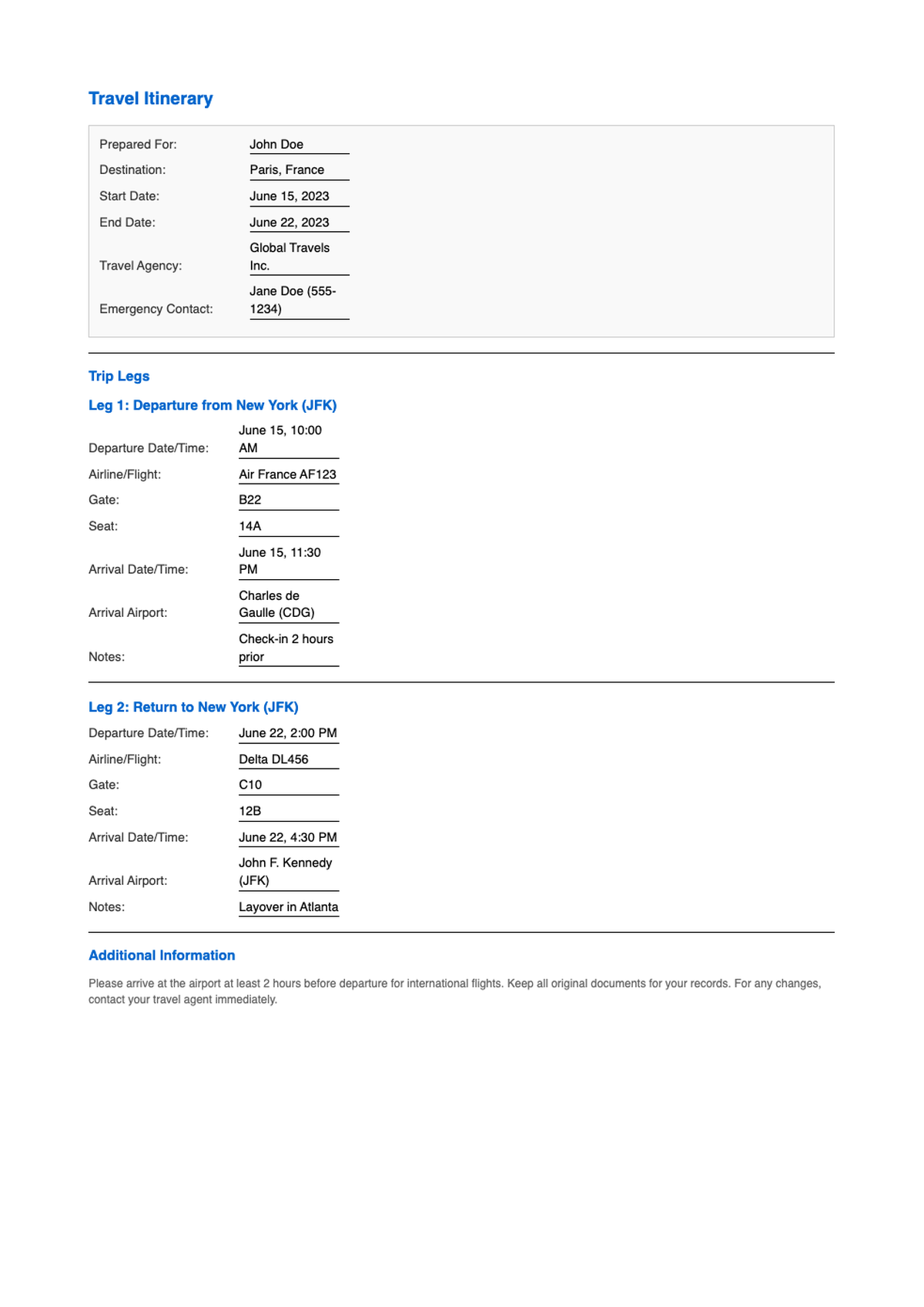 Travel itinerary template with flight hotel event sections and printable format_variant_1